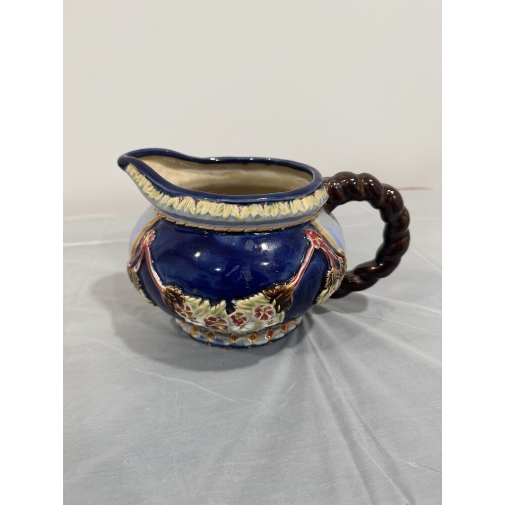 Vintage Napoware Floral Ceramic Pitcher Jug Blue Cottagecore Rope Handle 1991